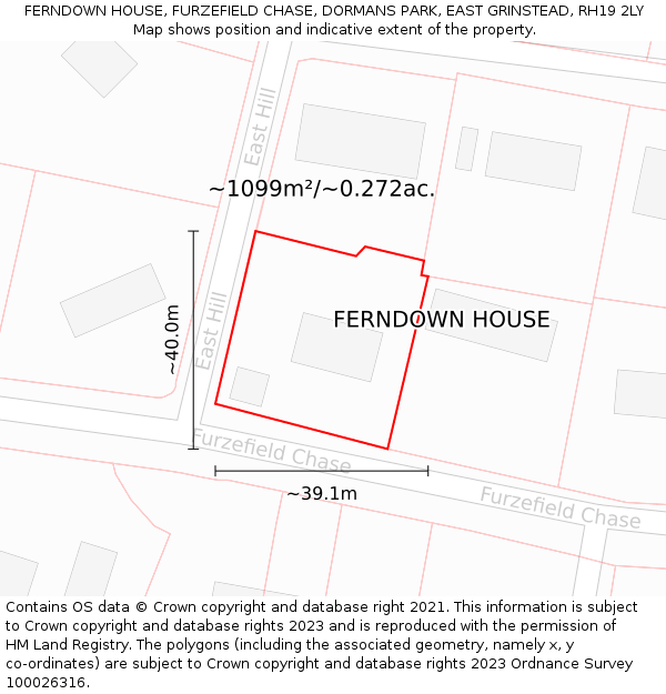 FERNDOWN HOUSE, FURZEFIELD CHASE, DORMANS PARK, EAST GRINSTEAD, RH19 2LY: Plot and title map