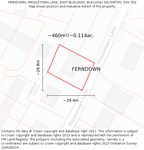 FERNDOWN, MIDDLETOWN LANE, EAST BUDLEIGH, BUDLEIGH SALTERTON, EX9 7EQ: Plot and title map