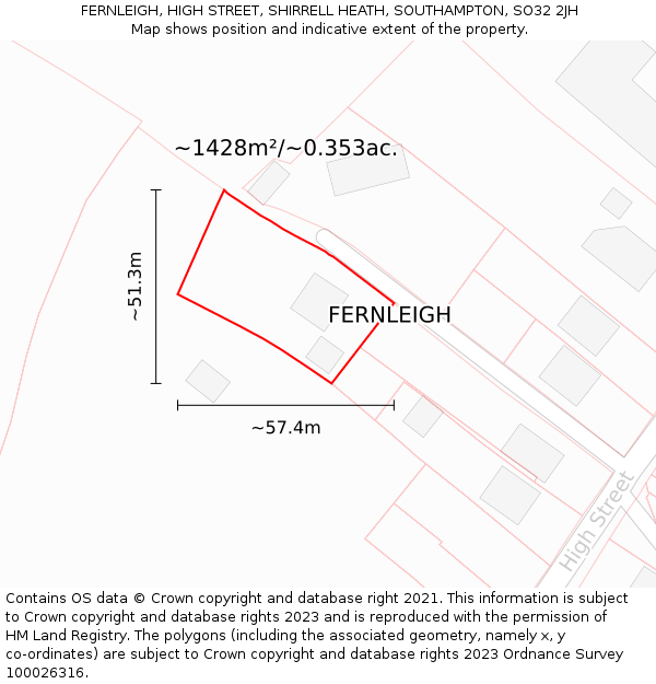 FERNLEIGH, HIGH STREET, SHIRRELL HEATH, SOUTHAMPTON, SO32 2JH: Plot and title map