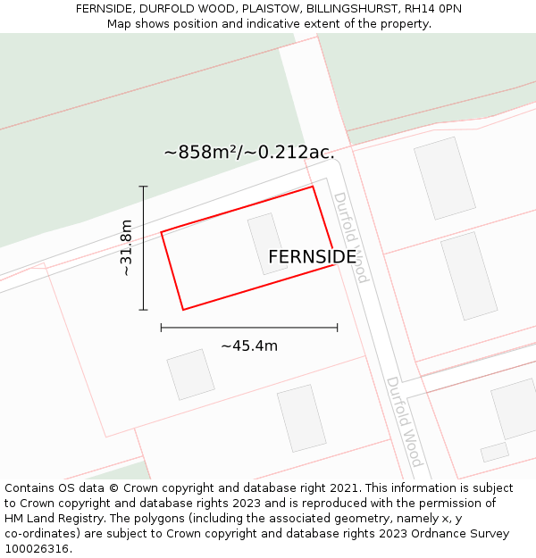 FERNSIDE, DURFOLD WOOD, PLAISTOW, BILLINGSHURST, RH14 0PN: Plot and title map