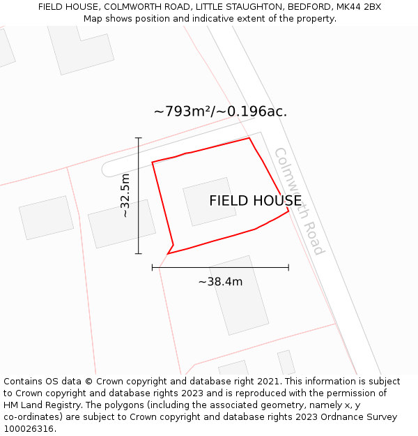 FIELD HOUSE, COLMWORTH ROAD, LITTLE STAUGHTON, BEDFORD, MK44 2BX: Plot and title map