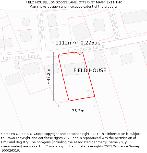 FIELD HOUSE, LONGDOGS LANE, OTTERY ST MARY, EX11 1HX: Plot and title map