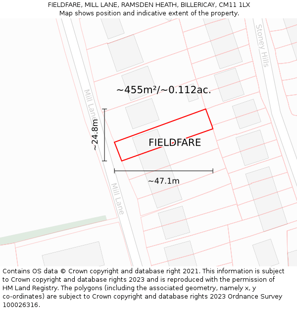 FIELDFARE, MILL LANE, RAMSDEN HEATH, BILLERICAY, CM11 1LX: Plot and title map