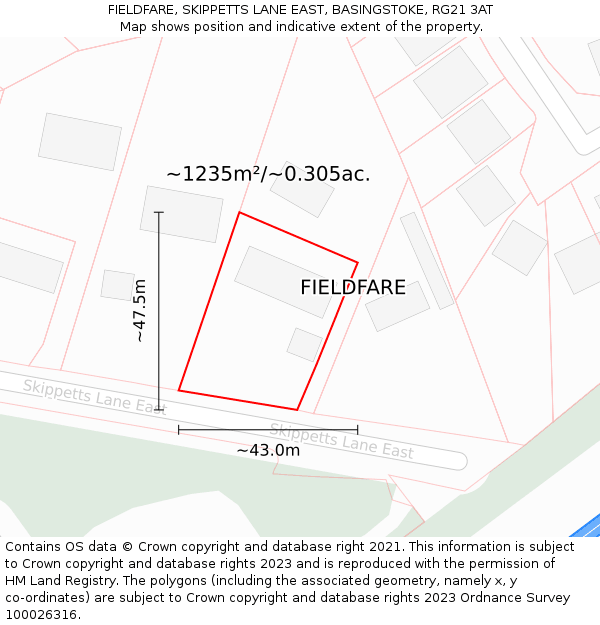 FIELDFARE, SKIPPETTS LANE EAST, BASINGSTOKE, RG21 3AT: Plot and title map