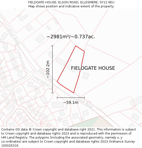 FIELDGATE HOUSE, ELSON ROAD, ELLESMERE, SY12 9EU: Plot and title map