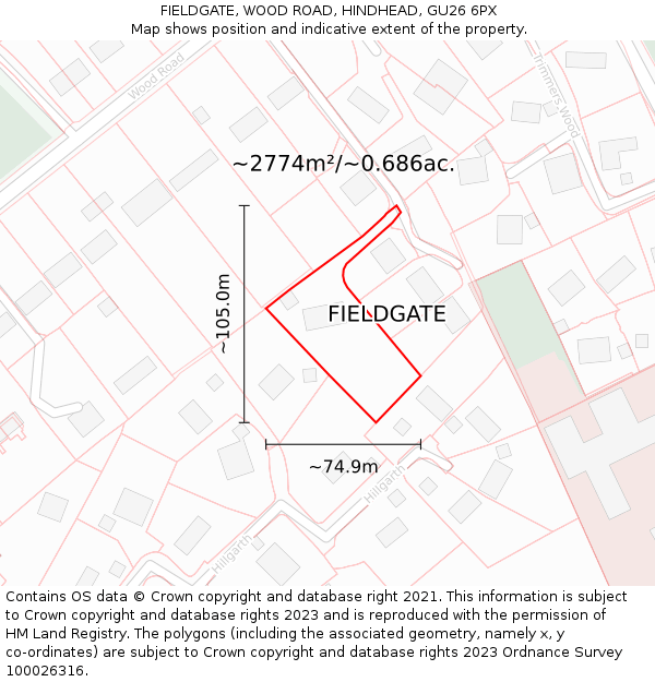 FIELDGATE, WOOD ROAD, HINDHEAD, GU26 6PX: Plot and title map