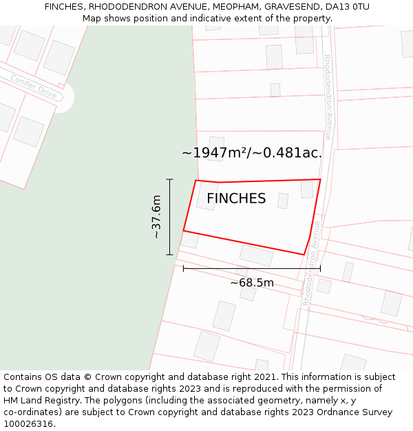 FINCHES, RHODODENDRON AVENUE, MEOPHAM, GRAVESEND, DA13 0TU: Plot and title map