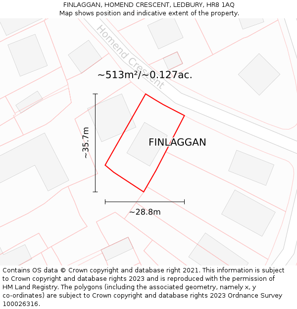 FINLAGGAN, HOMEND CRESCENT, LEDBURY, HR8 1AQ: Plot and title map