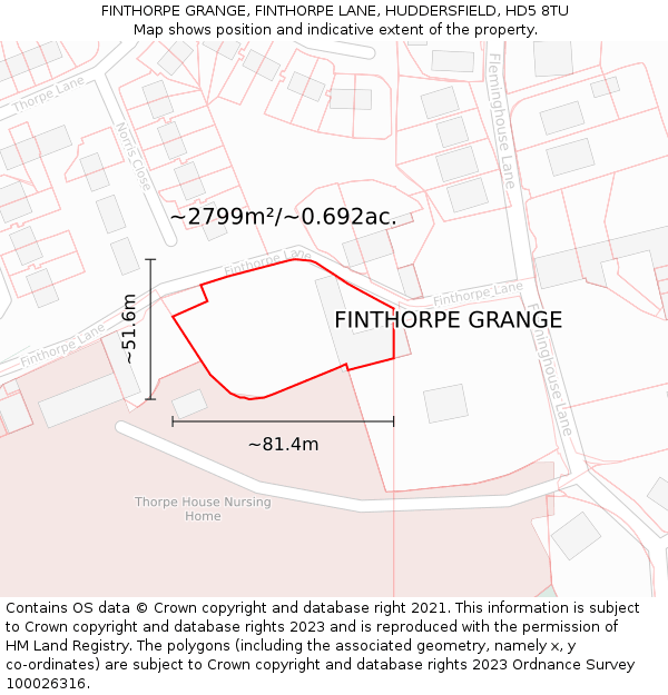 FINTHORPE GRANGE, FINTHORPE LANE, HUDDERSFIELD, HD5 8TU: Plot and title map