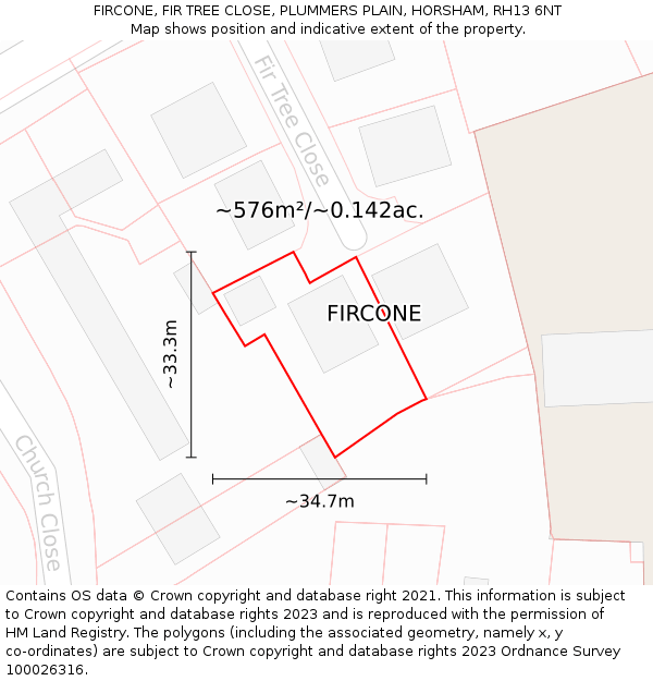 FIRCONE, FIR TREE CLOSE, PLUMMERS PLAIN, HORSHAM, RH13 6NT: Plot and title map