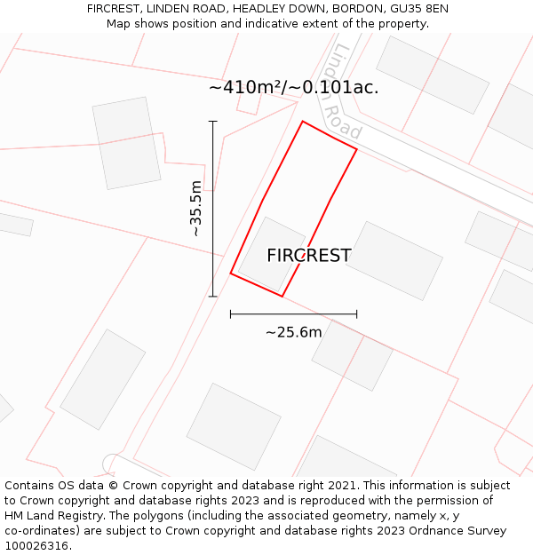 FIRCREST, LINDEN ROAD, HEADLEY DOWN, BORDON, GU35 8EN: Plot and title map