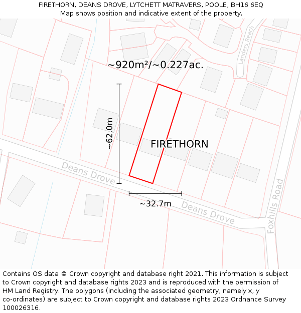 FIRETHORN, DEANS DROVE, LYTCHETT MATRAVERS, POOLE, BH16 6EQ: Plot and title map