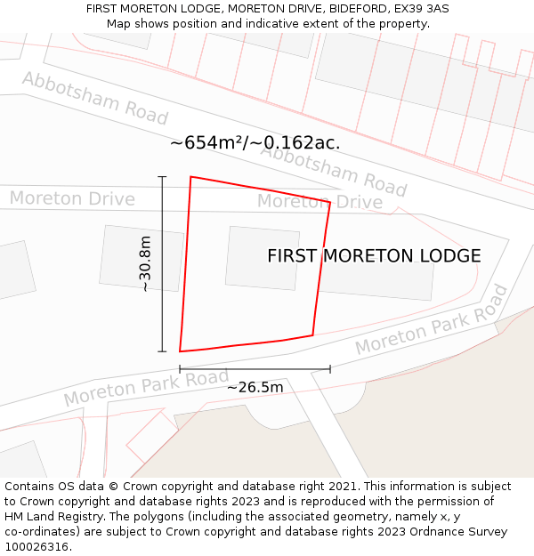 FIRST MORETON LODGE, MORETON DRIVE, BIDEFORD, EX39 3AS: Plot and title map