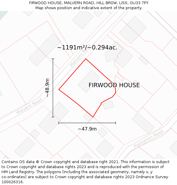 FIRWOOD HOUSE, MALVERN ROAD, HILL BROW, LISS, GU33 7PY: Plot and title map