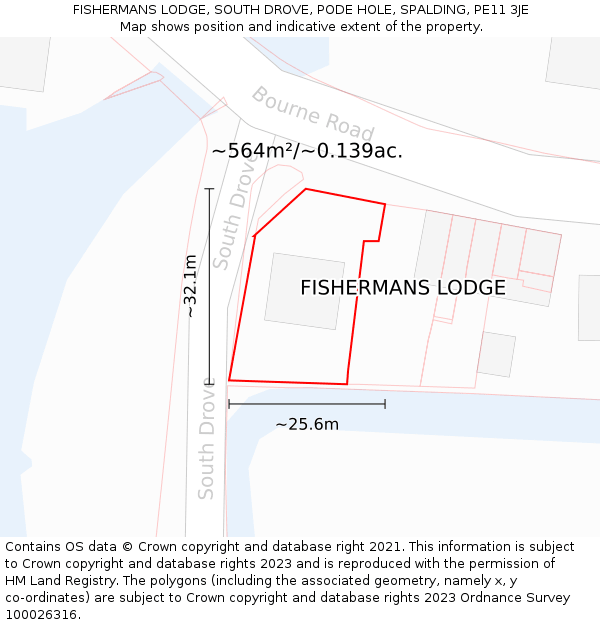 FISHERMANS LODGE, SOUTH DROVE, PODE HOLE, SPALDING, PE11 3JE: Plot and title map