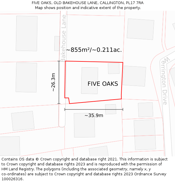 FIVE OAKS, OLD BAKEHOUSE LANE, CALLINGTON, PL17 7RA: Plot and title map