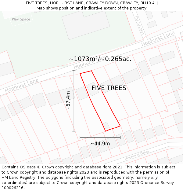 FIVE TREES, HOPHURST LANE, CRAWLEY DOWN, CRAWLEY, RH10 4LJ: Plot and title map