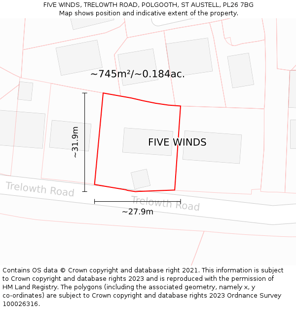 FIVE WINDS, TRELOWTH ROAD, POLGOOTH, ST AUSTELL, PL26 7BG: Plot and title map