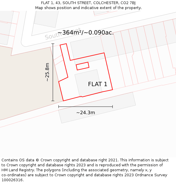 FLAT 1, 43, SOUTH STREET, COLCHESTER, CO2 7BJ: Plot and title map