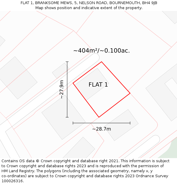 FLAT 1, BRANKSOME MEWS, 5, NELSON ROAD, BOURNEMOUTH, BH4 9JB: Plot and title map