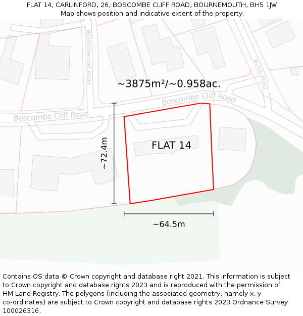 FLAT 14, CARLINFORD, 26, BOSCOMBE CLIFF ROAD, BOURNEMOUTH, BH5 1JW: Plot and title map