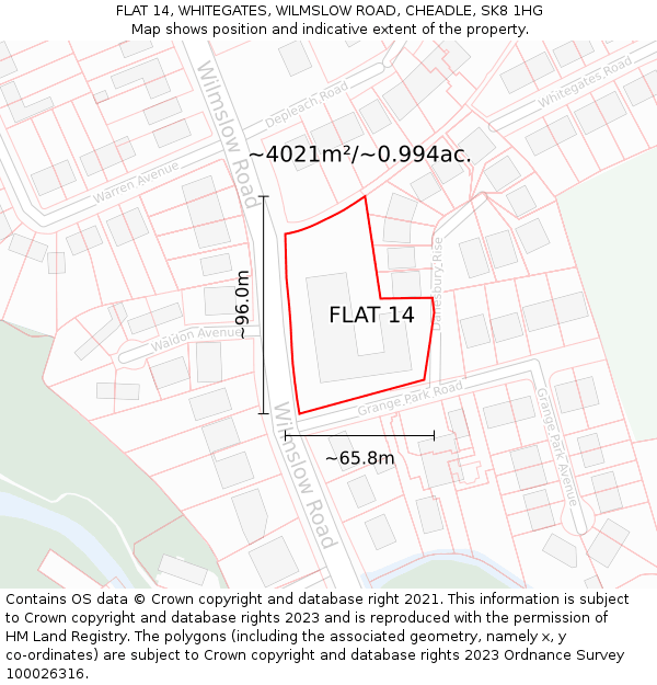 FLAT 14, WHITEGATES, WILMSLOW ROAD, CHEADLE, SK8 1HG: Plot and title map