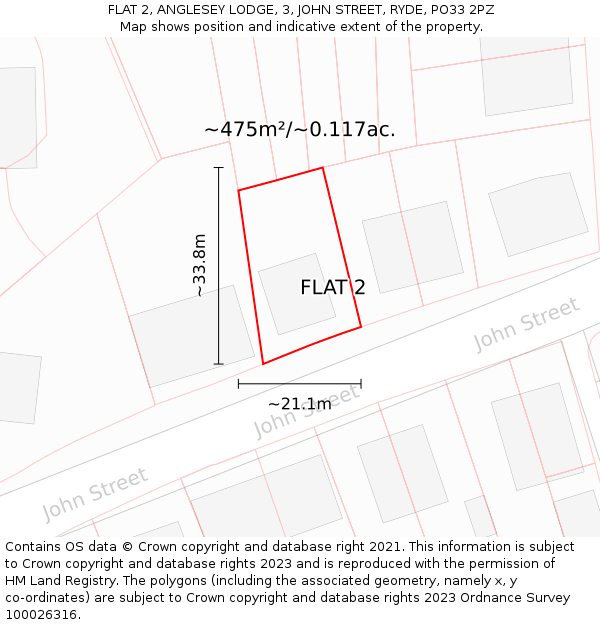 FLAT 2, ANGLESEY LODGE, 3, JOHN STREET, RYDE, PO33 2PZ: Plot and title map