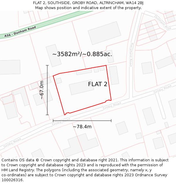 FLAT 2, SOUTHSIDE, GROBY ROAD, ALTRINCHAM, WA14 2BJ: Plot and title map
