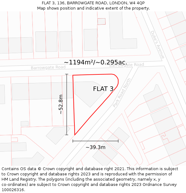 FLAT 3, 136, BARROWGATE ROAD, LONDON, W4 4QP: Plot and title map