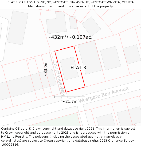FLAT 3, CARLTON HOUSE, 32, WESTGATE BAY AVENUE, WESTGATE-ON-SEA, CT8 8TA: Plot and title map