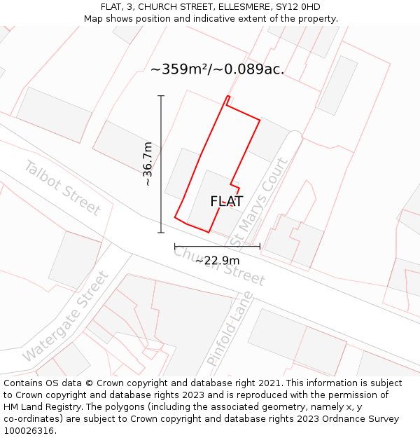 FLAT, 3, CHURCH STREET, ELLESMERE, SY12 0HD: Plot and title map