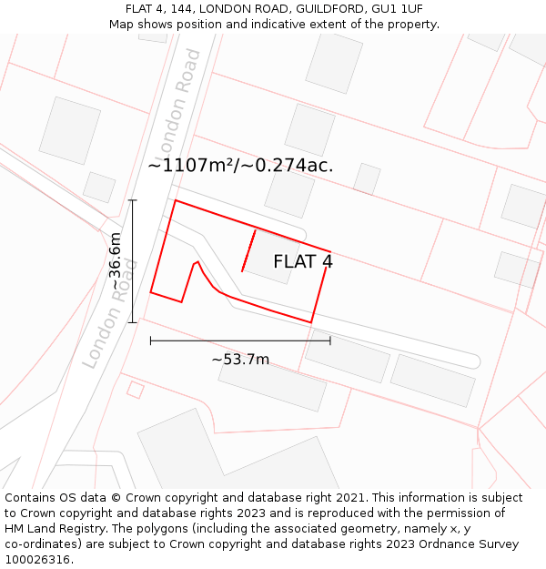 FLAT 4, 144, LONDON ROAD, GUILDFORD, GU1 1UF: Plot and title map