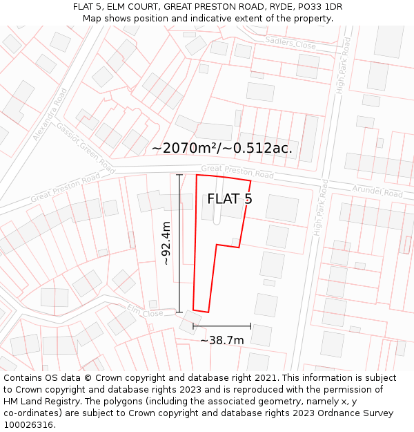 FLAT 5, ELM COURT, GREAT PRESTON ROAD, RYDE, PO33 1DR: Plot and title map