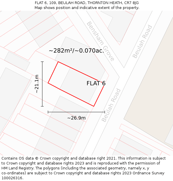 FLAT 6, 109, BEULAH ROAD, THORNTON HEATH, CR7 8JG: Plot and title map