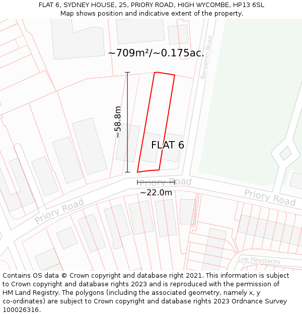FLAT 6, SYDNEY HOUSE, 25, PRIORY ROAD, HIGH WYCOMBE, HP13 6SL: Plot and title map