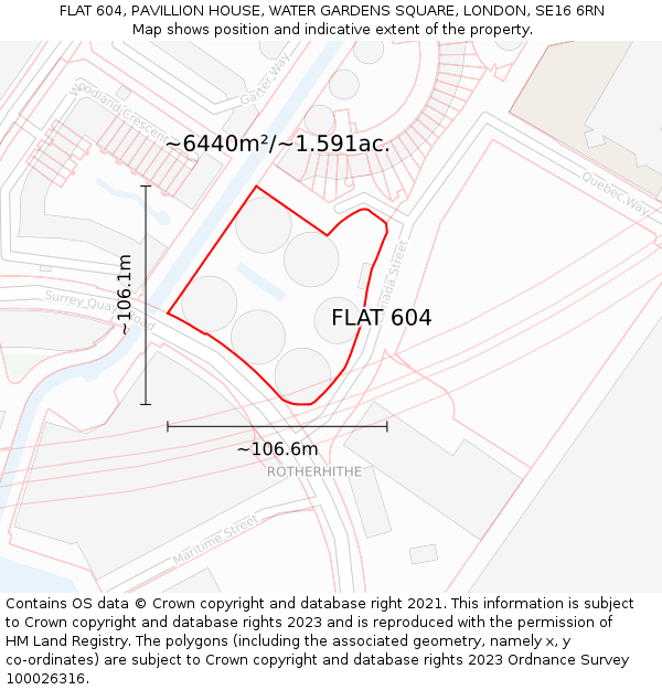 FLAT 604, PAVILLION HOUSE, WATER GARDENS SQUARE, LONDON, SE16 6RN: Plot and title map