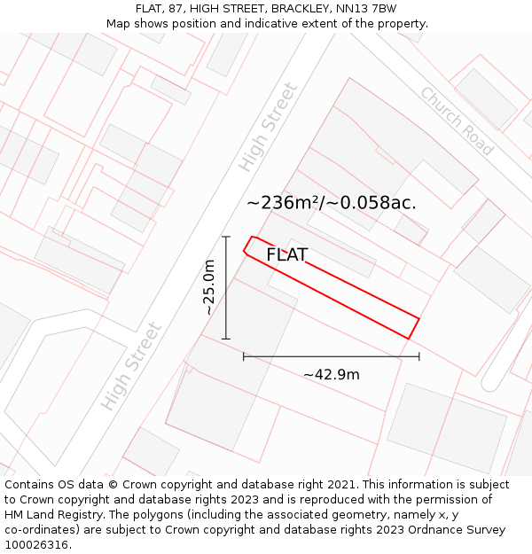 FLAT, 87, HIGH STREET, BRACKLEY, NN13 7BW: Plot and title map