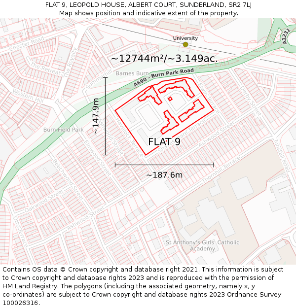 FLAT 9, LEOPOLD HOUSE, ALBERT COURT, SUNDERLAND, SR2 7LJ: Plot and title map