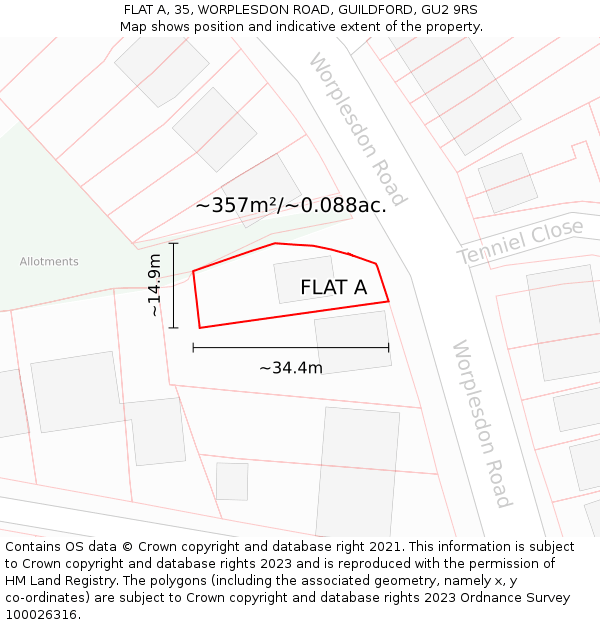 FLAT A, 35, WORPLESDON ROAD, GUILDFORD, GU2 9RS: Plot and title map