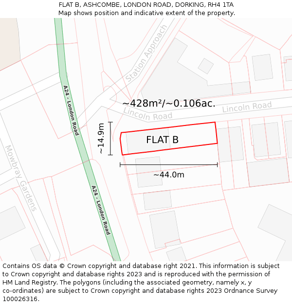 FLAT B, ASHCOMBE, LONDON ROAD, DORKING, RH4 1TA: Plot and title map