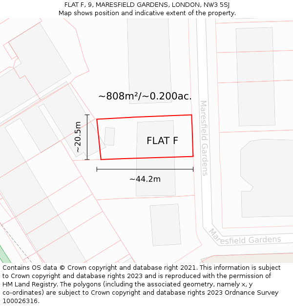 FLAT F, 9, MARESFIELD GARDENS, LONDON, NW3 5SJ: Plot and title map