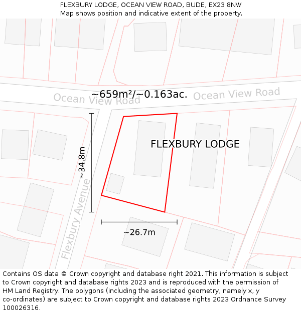 FLEXBURY LODGE, OCEAN VIEW ROAD, BUDE, EX23 8NW: Plot and title map