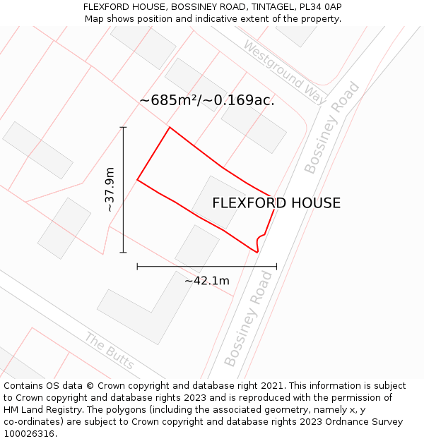 FLEXFORD HOUSE, BOSSINEY ROAD, TINTAGEL, PL34 0AP: Plot and title map