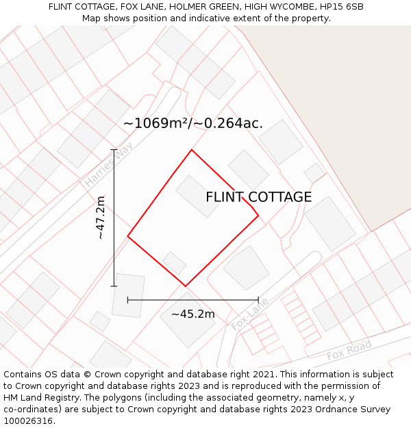 FLINT COTTAGE, FOX LANE, HOLMER GREEN, HIGH WYCOMBE, HP15 6SB: Plot and title map