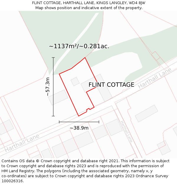 FLINT COTTAGE, HARTHALL LANE, KINGS LANGLEY, WD4 8JW: Plot and title map