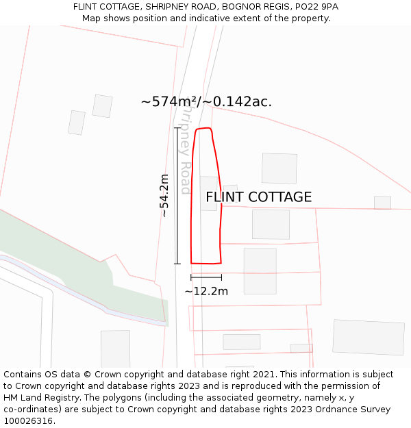 FLINT COTTAGE, SHRIPNEY ROAD, BOGNOR REGIS, PO22 9PA: Plot and title map