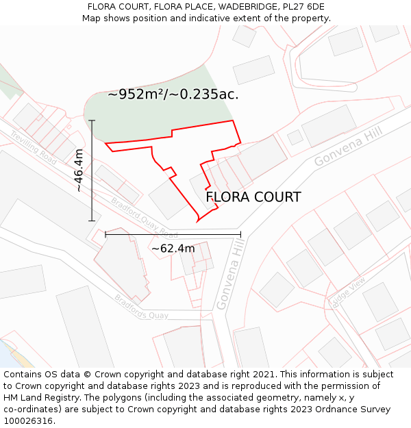 FLORA COURT, FLORA PLACE, WADEBRIDGE, PL27 6DE: Plot and title map
