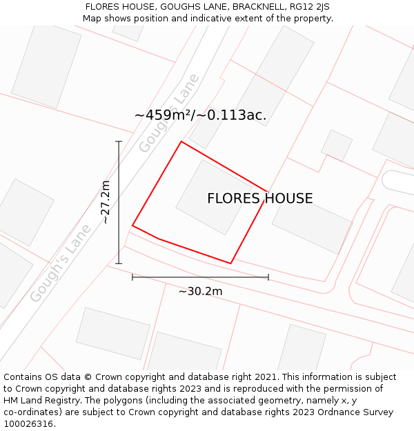 FLORES HOUSE, GOUGHS LANE, BRACKNELL, RG12 2JS: Plot and title map