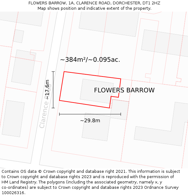 FLOWERS BARROW, 1A, CLARENCE ROAD, DORCHESTER, DT1 2HZ: Plot and title map