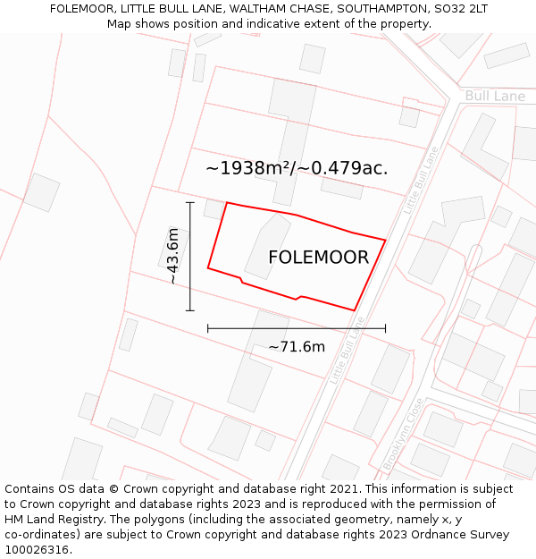 FOLEMOOR, LITTLE BULL LANE, WALTHAM CHASE, SOUTHAMPTON, SO32 2LT: Plot and title map